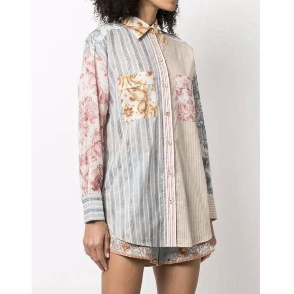 Zimmermann Spliced Patchwork Shirt Womens 1 US 6 Button Up 100% Cotton Neutral - Picture 1 of 13